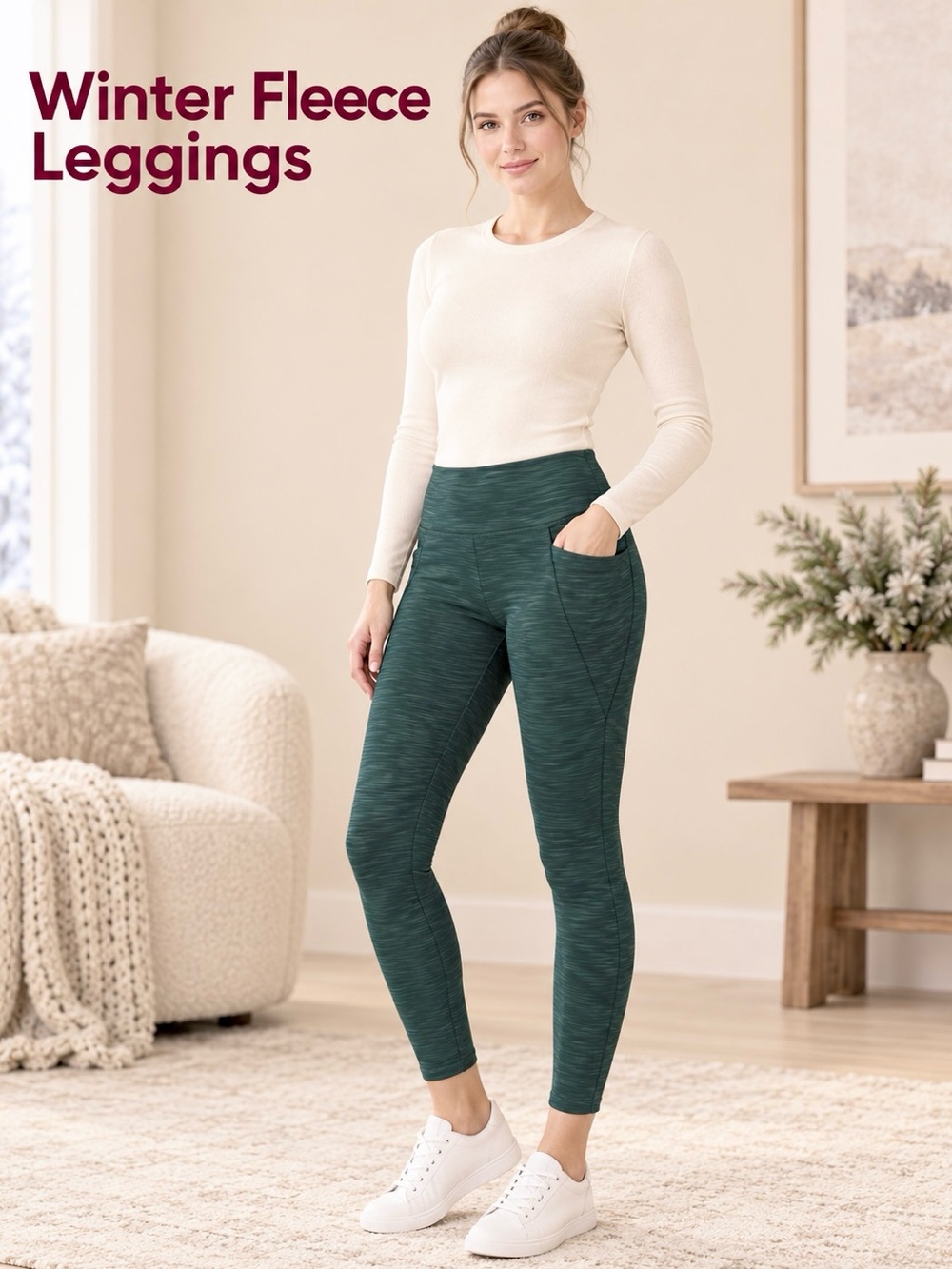 Nanette Lepore Fleece Winter Leggings Performance Side Pocket High Rise Stretch